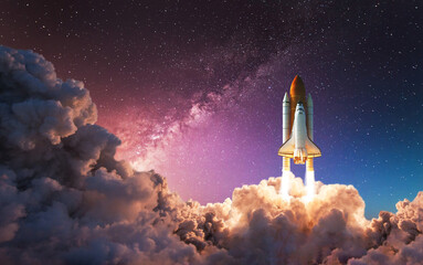 Space shuttle takes off into the night sky on a mission. Rocket launch into space Artemis manned space program concept