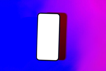 Mobile phone mockup in pink and purple light.Design template for concept design. Modern communication. Business app. Digital app mock up. Mock up template. Modern technology device screen.