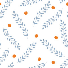 Pale blue branches and orange berries isolated on white background seamless pattern. Minimalistic elegant botanicall pattern for print and design