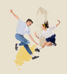 Contemporary art collage. Young beautiful couple, man and woman, in stylish retro clothes dancing.