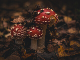 Fly agaric mushrooms growing in the forest. Amaníta Pluteaceae. A poisonous, medicinal mushroom. A bunch of red mushrooms.Close-up.