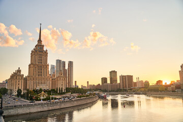 Fototapeta na wymiar Moscow, Russia - 30.07.2022: View of the Ukraine Hotel, the Moscow City business center and the Moscow River