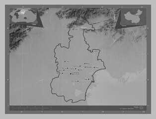 Tianjin, China. Grayscale. Labelled points of cities