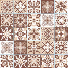 Azulejo talavera spanish ceramic tiles floral symmetrical traditional pattern, brown beige monochrome vintage background