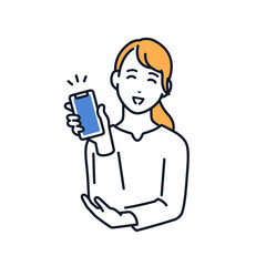 笑顔でスマートフォンを持つ若い女性のシンプルなベクターイラスト素材