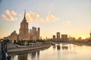 Fototapeta na wymiar Moscow, Russia - 30.07.2022: View of the Ukraine Hotel, the Moscow City business center and the Moscow River