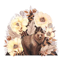 Fototapeten Watercolour brown bear and anemone flowers book illustration. © Natalie