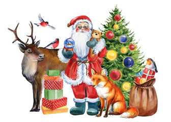 New year holiday. watercolor Santa Claus and animal isolated on white background