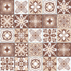 Azulejo talavera spanish ceramic tiles floral symmetrical traditional pattern, brown beige vintage background, vector illustration