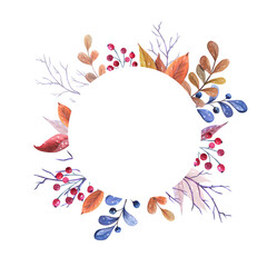 Watercolour autumn frame with colorful leaves and berry on white background