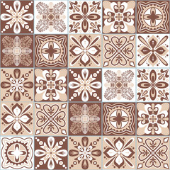 Azulejo talavera spanish ceramic tiles floral symmetrical traditional pattern, brown beige monochrome vintage background