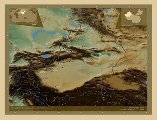 Xinjiang Uygur, China. Physical. Labelled points of cities