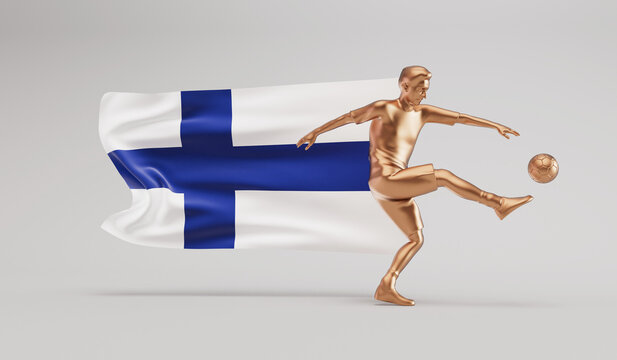 Golden soccer football player kicking a ball with finland waving flag. 3D Rendering