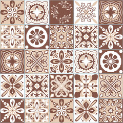 Traditional spanish ceramic tile Azulejo talavera, decoration majolica glaze, vector illustration brown beige color for design