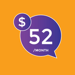 52 dollar price tag. 52$ dollar USD price symbol. price 52 Dollar sale banner in USD. Business or shopping promotion marketing concept
