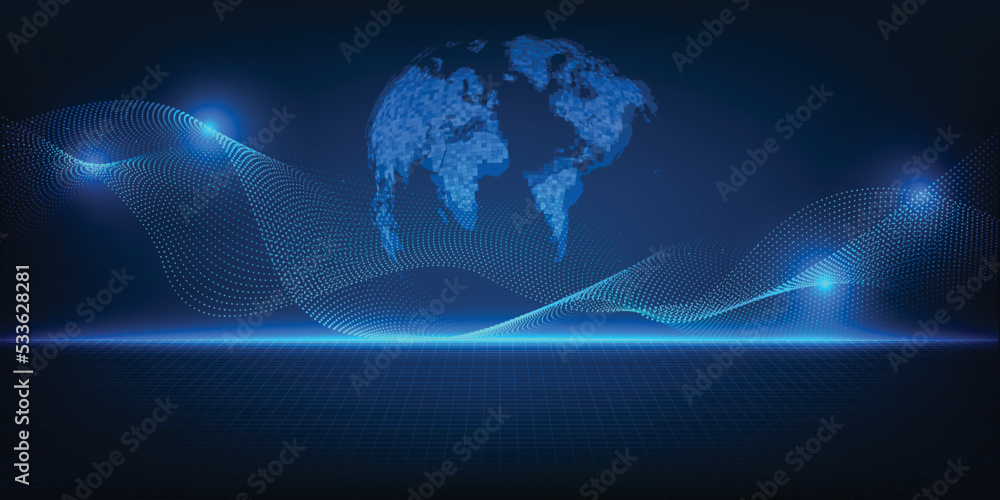 Aufkleber vector illustration of hi-tech and futuristic horizontal digital space with wave wireframe dot conne
