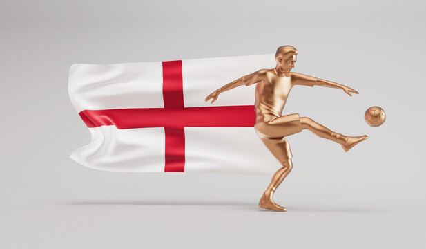 Golden soccer football player kicking a ball with england waving flag. 3D Rendering