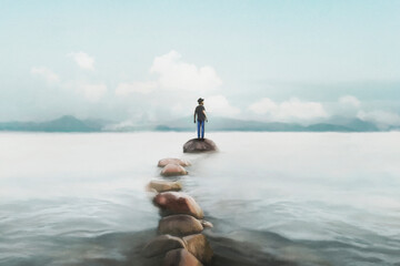 surreal man reaches a rock in the middle of the lake through a stony road, concept of success