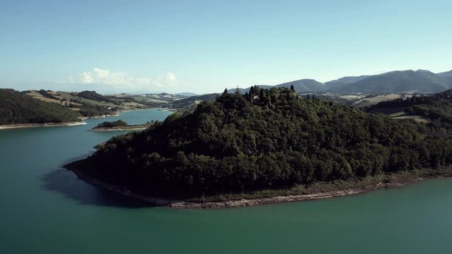 A drone shot from Cingoli lake (Castreccioni). A little town of Italy that has an artificial lake