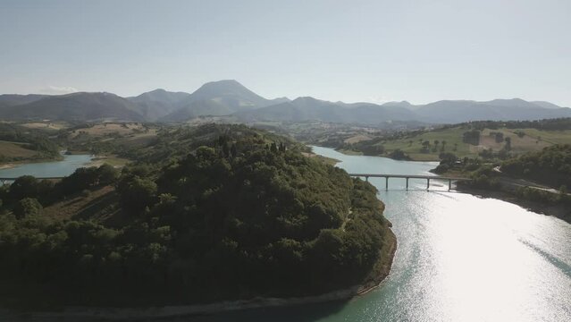 A drone shot from Cingoli lake (Castreccioni). A little town of Italy that has an artificial lake