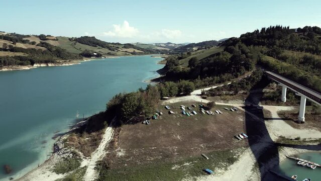 A drone shot from Cingoli lake (Castreccioni). A little town of Italy that has an artificial lake