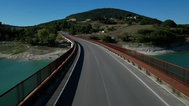 A drone shot from Cingoli lake (Castreccioni). A little town of Italy that has an artificial lake