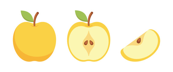 Yellow apple cartoon set. The whole, half and a piece.	
