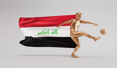 Fototapeta na wymiar Golden soccer football player kicking a ball with iraq waving flag. 3D Rendering