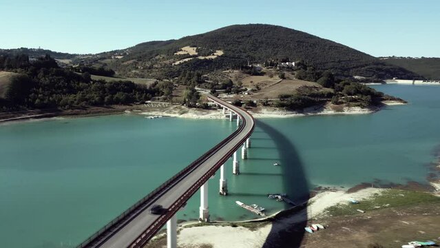 A drone shot from Cingoli lake (Castreccioni). A little town of Italy that has an artificial lake