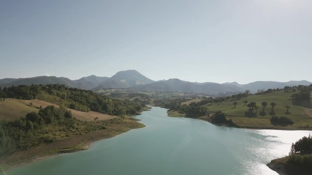 A drone shot from Cingoli lake (Castreccioni). A little town of Italy that has an artificial lake
