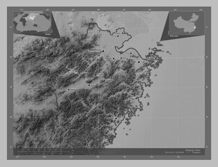 Zhejiang, China. Grayscale. Labelled points of cities