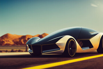 Naklejka na ściany i meble Futuristic electric car on highway in desert. Concept of future. 3d rendering.