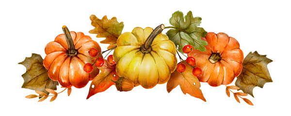 Fototapeta premium Watercolor pumpkin autumn thanksgiving fall holiday design. Floral composition orange plant card