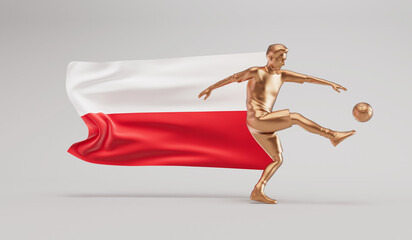Fototapeta na wymiar Golden soccer football player kicking a ball with polish waving flag. 3D Rendering