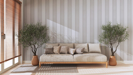 Japandi living room with copy space in beige tones. Fabric sofa with pillows, potted olive trees. Farmhouse interior design © ArchiVIZ