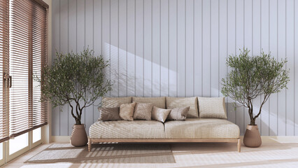 Japandi living room with copy space in white tones. Fabric sofa with pillows, potted olive trees. Farmhouse interior design