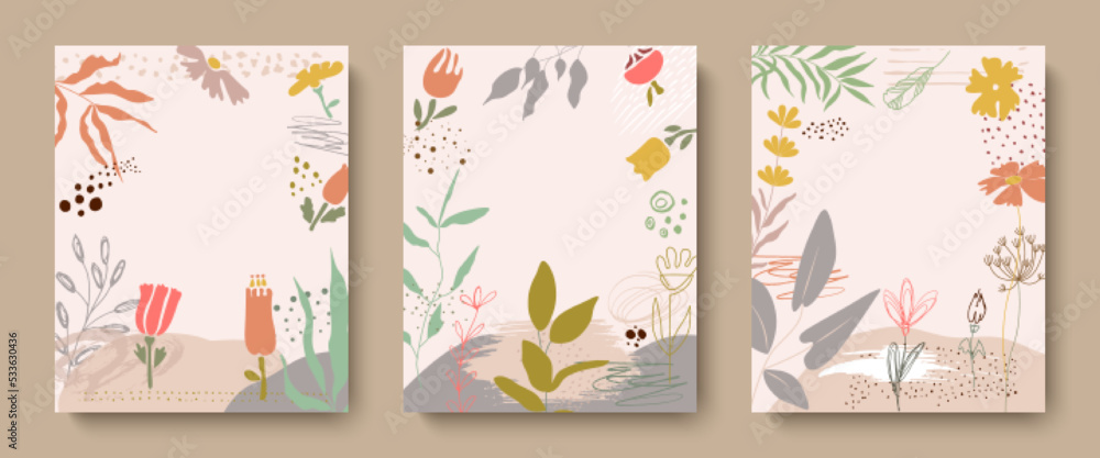Poster botanical set of vector wall art. drawing of a foliage line with an abstract shape. abstract design 