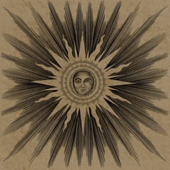 Sun. Star. Alchemy. Human face. Digital art. Realistic old paper and ink effect. Occultism and magic. High quality illustration. 