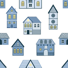 Vector Seamless pattern with hand drawn tree and house. Great for fabric, textile vector illustration