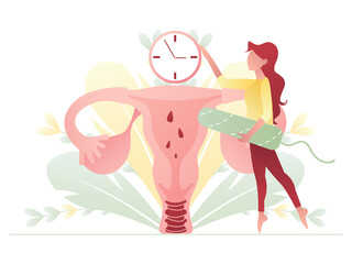 Menstruation concept.Female uterus, menstruation tracking, woman holding tampon, watch. Modern illustration in flat style. vector illustration