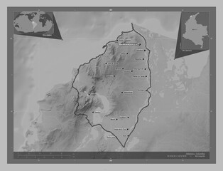 Atlantico, Colombia. Grayscale. Labelled points of cities
