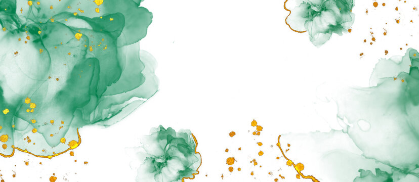 green watercolor background and alcoholic ink background with gold splashes with space for text on white background for example for internet banner