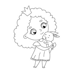 Hand drawn cute little girl princess with rabbit on hands. Cute girl in dress. Vector outline childish illustration for coloring book