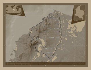 Atlantico, Colombia. Sepia. Labelled points of cities