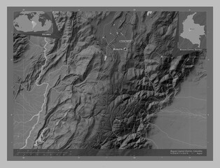 Bogota Capital District, Colombia. Grayscale. Labelled points of cities