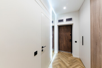 interior design of a new house, a bright corridor with a mirror and a closet