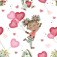 Seamless pattern on the birthday theme. Funny cute dark-skinned girl with balloons and gifts and a cake for the evening. Vector.