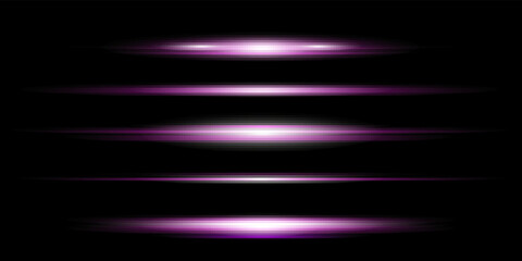 Purple horizontal lens flares pack. Glowing purple, pink light effects isolated on transparent background. Laser beams, light rays. Set of abstract lens flares, glowing stars and sparkles. Vector.