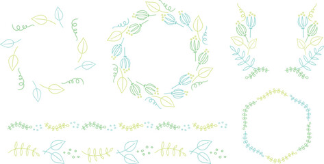 手書き植物の飾り枠セット　緑