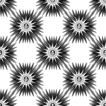 Sun. Star. Alchemy. Human face. Digital art. Realistic ink effect. Occultism and magic. High quality illustration. Vector EPS10. Endless repeatable pattern. 
